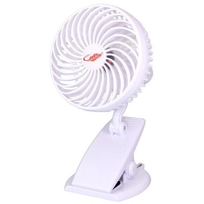 Mini silent clip-on fan rechargeable silent 4- blade stroller fan portable air-cooled 3 -speed desktop USB fan with USB output white
