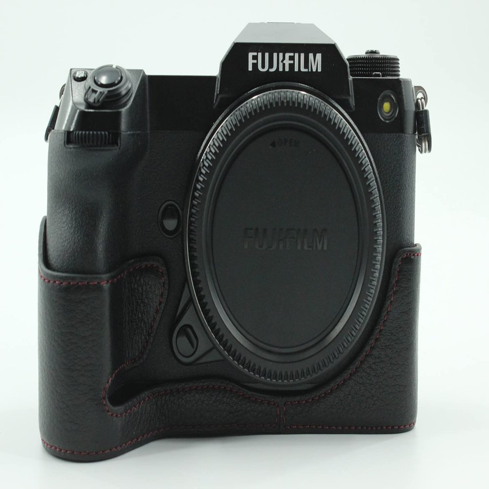 GFX 100S Case, BolinUS Handmade Genuine Real Leather Half Camera Case Bag Cover for Fuji Fujifilm GFX 100S Bottom Opening Version + Hand Strap (Black)