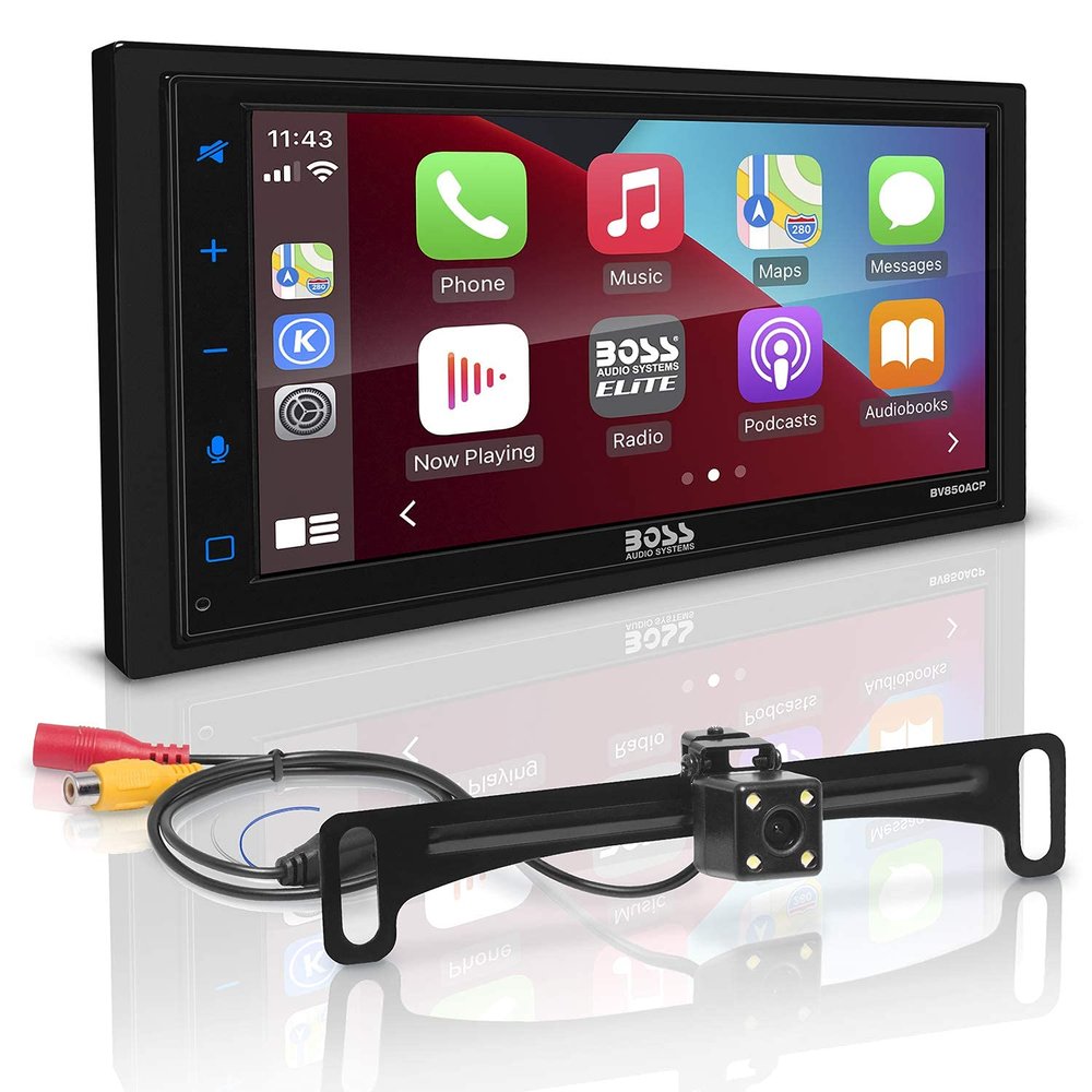 BOSS Audio Elite BV850ACP Car Multimedia Player Apple CarPlay-Android Auto Double Din 6.75 Inch LCD Capacitive Touchscreen, Bluetooth no CD/DVD + Rear View Camera