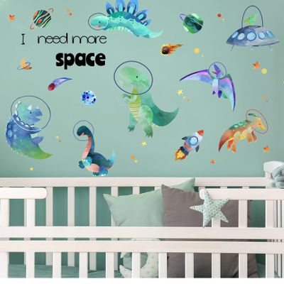 Yovkky Boys Space Dinosaurs Astronauts Wall Decal, Funny Peel Stick Dino Animal Planet Stickers Nursery Spaceship Rocket Decor, Home Baby Room Decorations Kids Bedroom Playroom Art Party Supply Gift