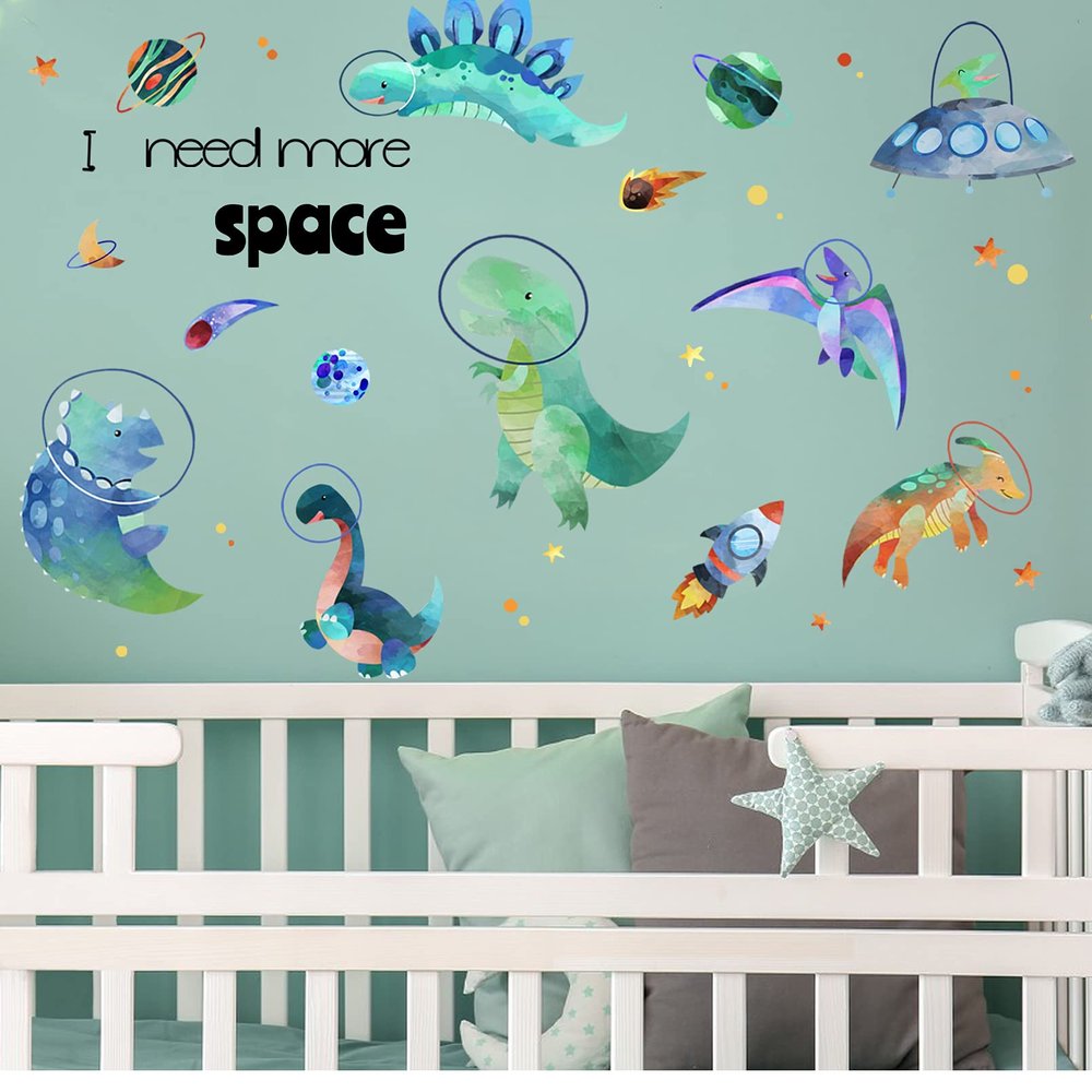Yovkky Boys Space Dinosaurs Astronauts Wall Decal, Funny Peel Stick Dino Animal Planet Stickers Nursery Spaceship Rocket Decor, Home Baby Room Decorations Kids Bedroom Playroom Art Party Supply Gift