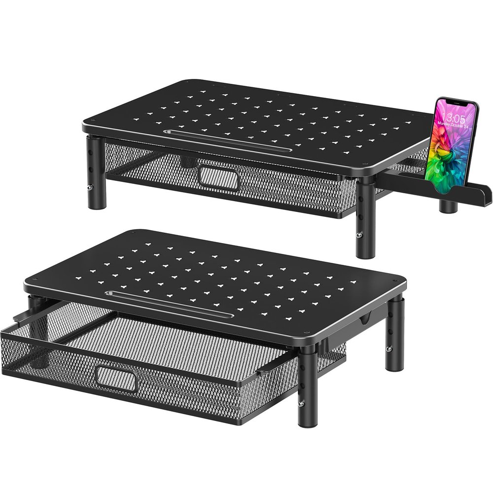 Zimilar 2 Pack Monitor Stand Riser with Metal Drawer, 3 Height Adjustable Monitor Riser with Phone Holder for Printer, Laptop, Premium Metal Computer Monitor Stand with Storage for 2 Monitors