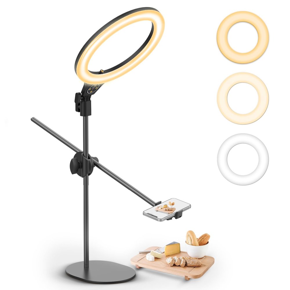 ULANZI [Upgraded Base] Overhead Tripod for Phone with 10 Selfie Ring Light, Phone Stand for Filming 3500k-6500K Dimmable, Ring Light Phone Holder for Video Recording, Live Stream, PortraitMakeup