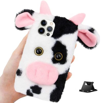 Shinyzone Compatible with Samsung Galaxy S21 Ultra Plush Case 3D Ear Fluffy Cows Case for Kids Girls Women,Cute Cartoon Animals Faux Fur Case Furry Warm Fuzzy Shockproof Back Cover