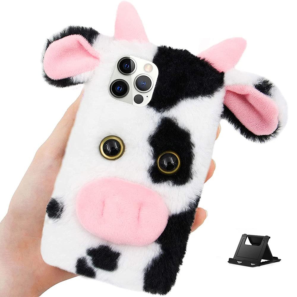 Shinyzone Compatible with Samsung Galaxy S21 Ultra Plush Case 3D Ear Fluffy Cows Case for Kids Girls Women,Cute Cartoon Animals Faux Fur Case Furry Warm Fuzzy Shockproof Back Cover