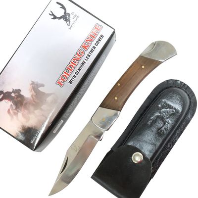 THE BONE EDGE 9" Folding Knife Wood Handle Stainless Steel Blade Leather Sheath