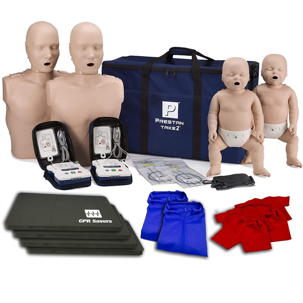 CPR Savers Training Kit with PRESTAN TAKE2 CPR Manikins and AED Trainers (2 Adult, 2 Infant, & 2 AED Trainers), CPR Mat, Manikin Vests, CPR Savers Rescue Mask (Dark)
