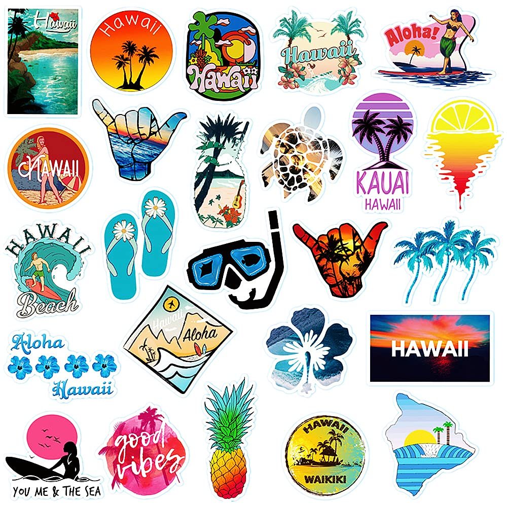 100 Pcs Hawaii Summer Stickers,Waterproof Vinyl Decals for Surfboard Water Bottles Guitar Laptop Luggage Skateboard Refrigerator Scrapbooking Beach Vacation Decorate