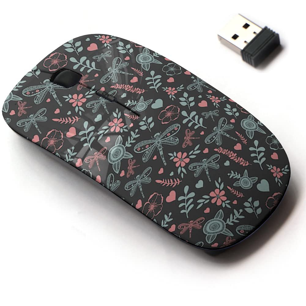 2.4G Wireless Mouse with Cute Pattern Design for All Laptops and Desktops with Nano Receiver - Dragonfly Flower Nature