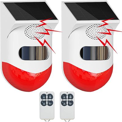 ChunHee Solar Motion Sensor Outdoor Alarm,Adjustable Sensitivity Motion Activated Alarm,129db Sound Security Siren Light IP67 Waterproof and 4 Mode for Home,Farm,Barn,Villa,Yard(2 Pack)