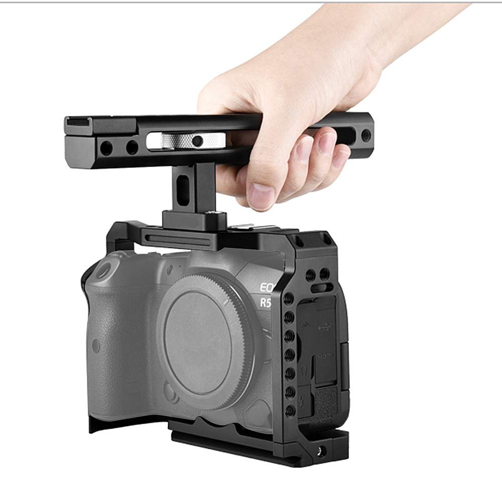 FocusFoto Camera Cage + Top Handle Grip Kit Video Filmmaking Stabilizer Rig Aluminium Alloy with Cold Shoe and 1/4" 3/8" Screw Mouting for Canon EOS R5 R6