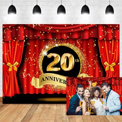 OERJU 12x8ft Happy 20th Anniversary Backdrop Luxury Stage Red Curtain Glitter Golden Spots Photography Background Lover Couple Marriage Wedding Anniversary Celebration Party Vinyl Studio Props