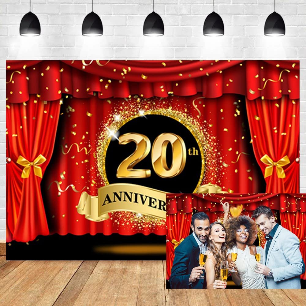 OERJU 12x8ft Happy 20th Anniversary Backdrop Luxury Stage Red Curtain Glitter Golden Spots Photography Background Lover Couple Marriage Wedding Anniversary Celebration Party Vinyl Studio Props