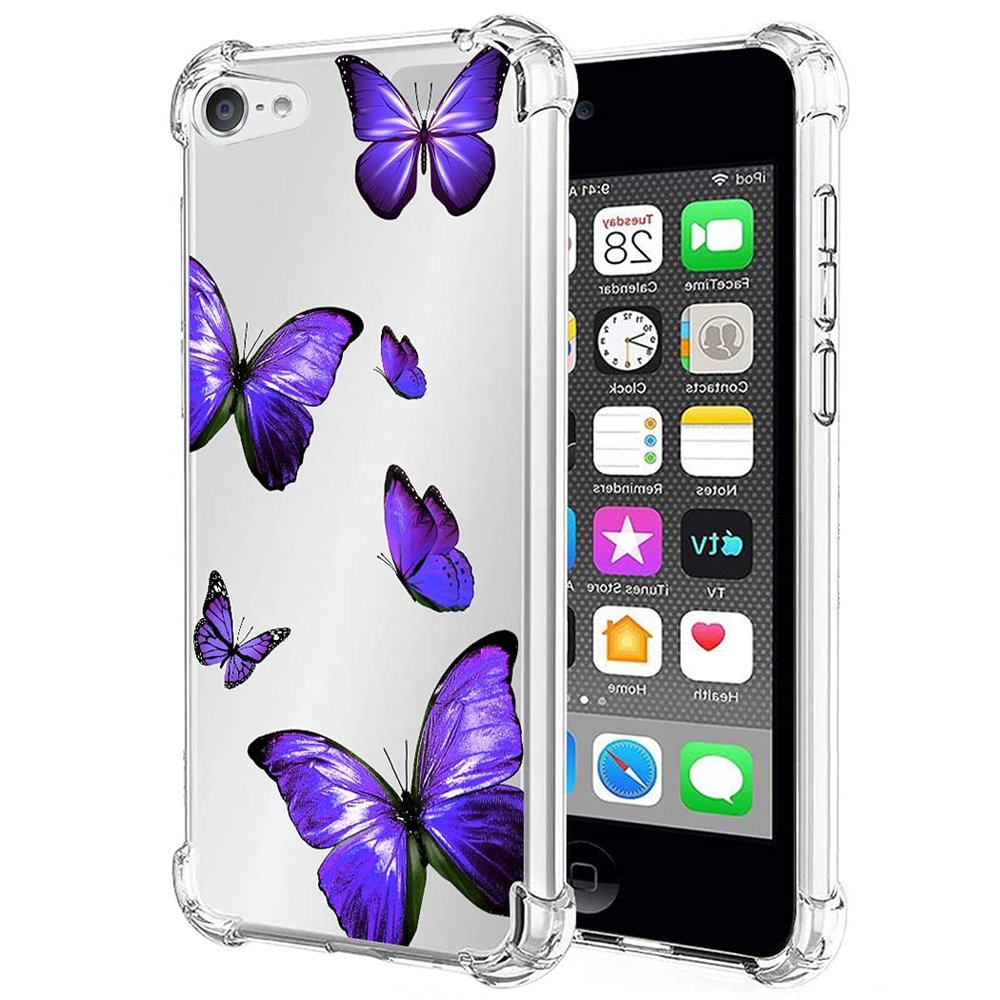 Bohefo Clear Case Compatible with iPod Touch 7 / iPod Touch 6 / iPod Touch 5 Case for Girls Women, Cute Soft TPU Shockproof Protective Phone Case Cover for Apple iPod Touch 5/6/7th (Purple Butterfly)