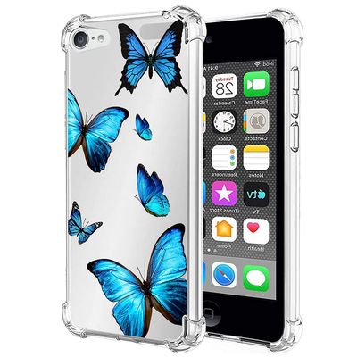 Bohefo Clear Case Compatible with iPod Touch 7 / iPod Touch 6 / iPod Touch 5 Case for Girls Women, Cute Soft TPU Shockproof Protective Phone Case Cover for Apple iPod Touch 5/6/7th (Blue Butterfly)