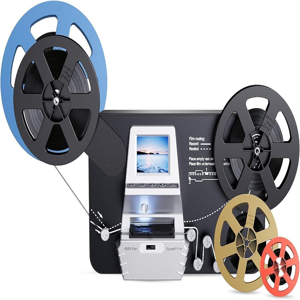 8mm & Super 8 Film to Digital Converter, Film Scanner Digitizer with 2.4" Screen, Convert 3 5 7 9 Reels into 1080P Digital MP4 Files,Sharing & Saving on 32GB SD Card