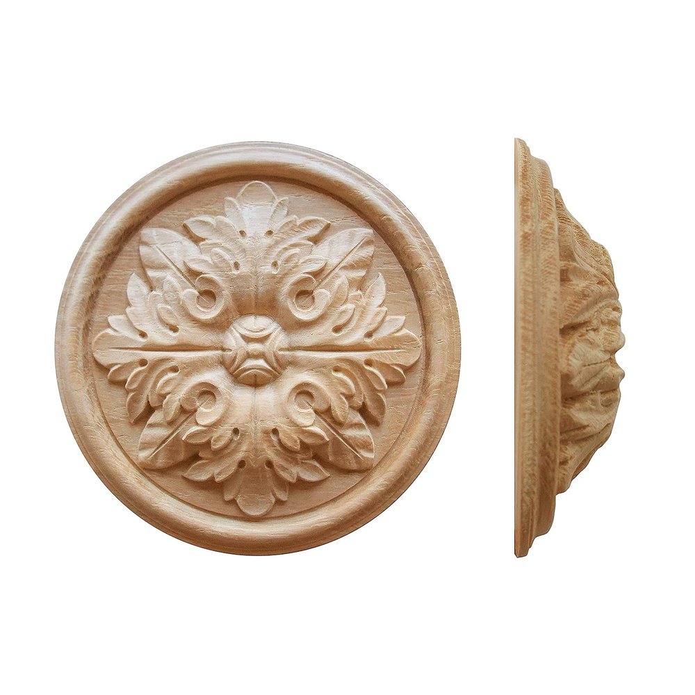 SUNHAWK 2PCS Wood Carved Rosette Applique Deeply Carved Leaf Round Onlay for Door, Cabinet, Fireplace Mantel, and Furniture (Birch, 4-1/4"Diameter x 1" T)