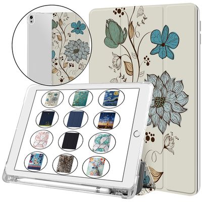 DuraSafe Cases for iPad Air 6th 2024 / Air 11" Air 5th 2022 Air 4th 2020 10.9 Inch A2588 A2316 MM6R3LL/A MM6T3LL/A Clear Back TPU Silicone Back Printed Case Pencil Holder - Watercolor Flowers