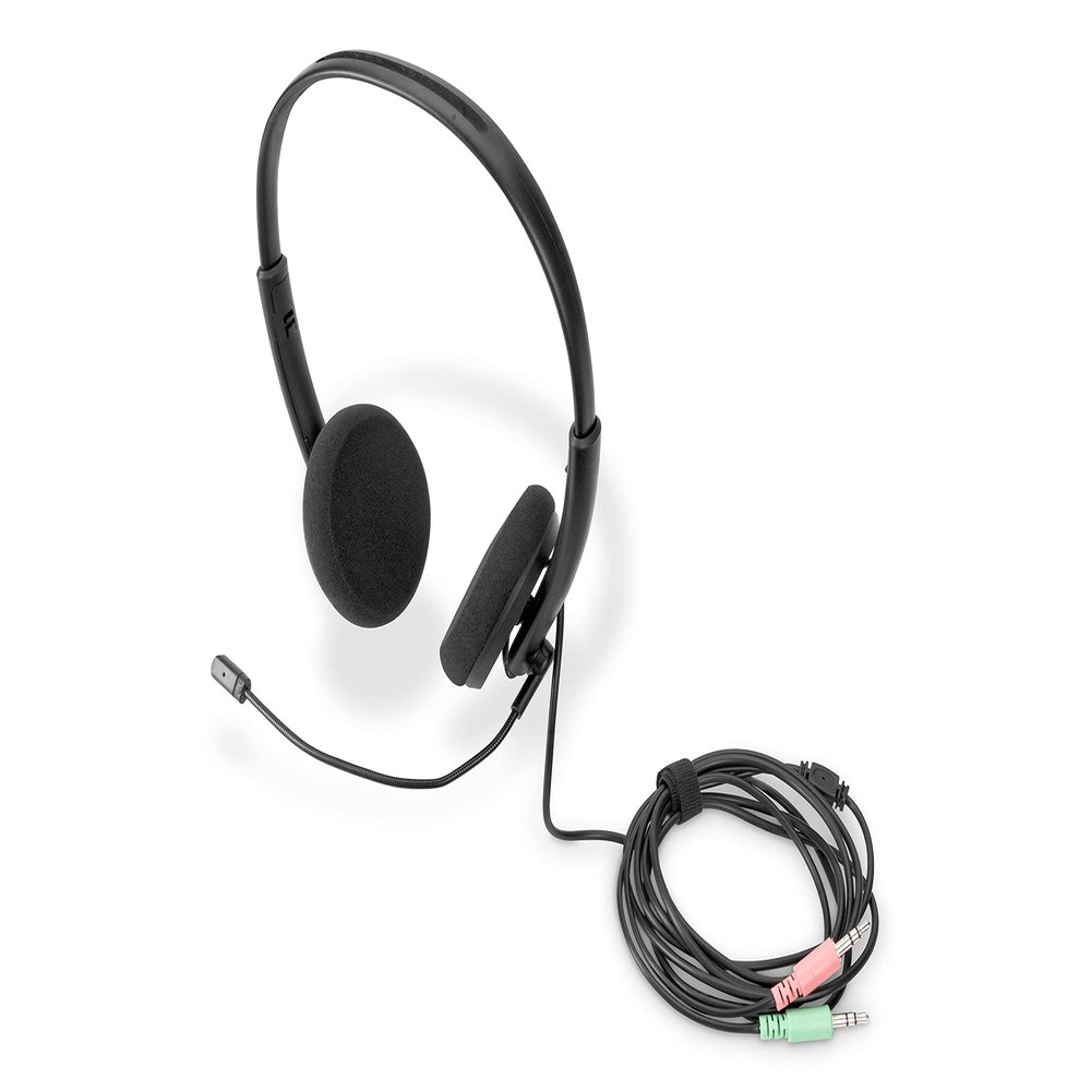 DIGITUS Stereo Office Headphones, On Ear, Noise Reduction Cable 1.95 m, Control Unit, 2 x 3.5 mm Stereo Jacks