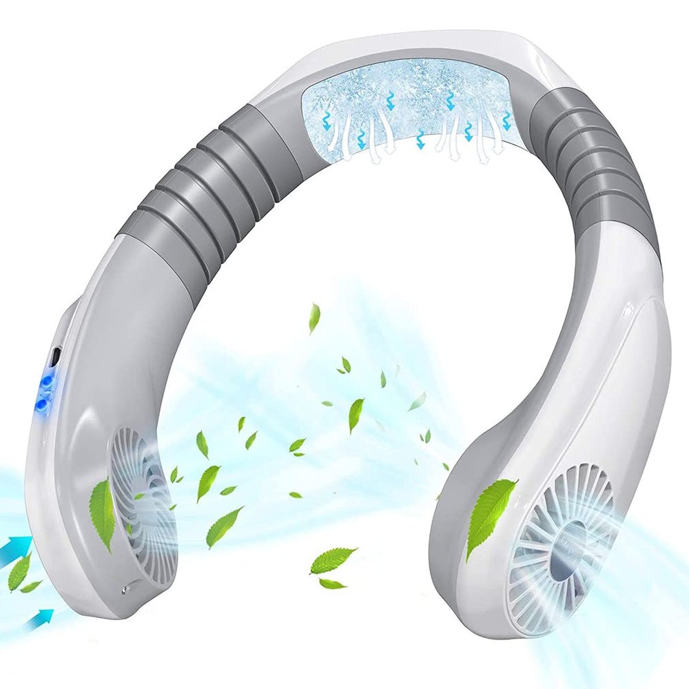 AQUYY Portable Hanging Neck Fan, Hands Free Neckband Cooling Fan with 3 Wind Speeds, USB Rechargeable Quiet Neck Cooler, Personal Air Conditioner for Outdoor Sports Indoor Office, 1800mAh*2 White