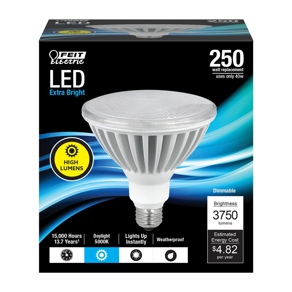 Feit Electric PAR38 LED Light Bulb, 250W Equivalent, Dimmable, 5000K Daylight, 3750 Lumens, E26 Base, Wet Rated, Indoor/Outdoor Recessed Can Light Bulbs, 15,000-Hour Lifetime, PAR38DM/3750/5K/LED