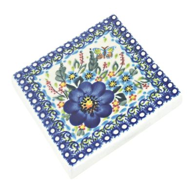 Blue Rose Polish Pottery - Garden of Blue Tile - 4.5"" Square - Ceramic Decorative Tile for Kitchen Backsplash, Trivet or Wall Art