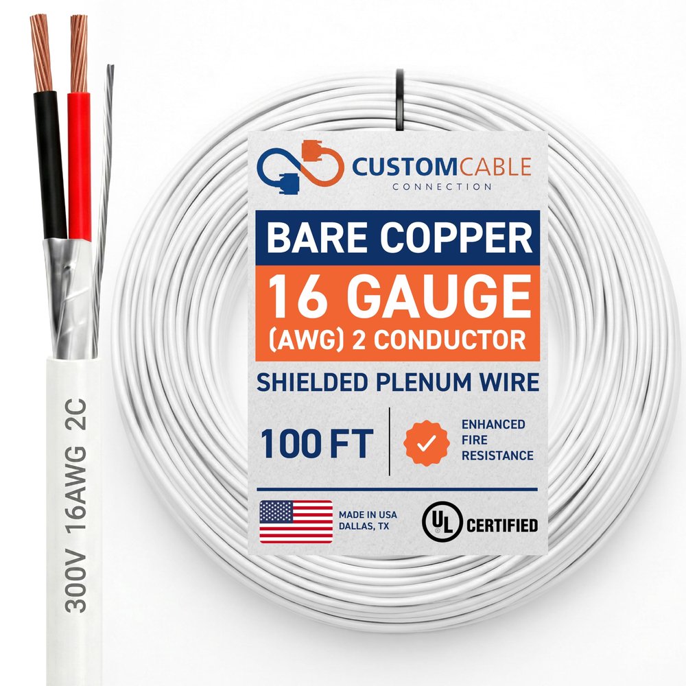 16 Gauge Wire (16 AWG) 2 Conductor Stranded Copper Shielded Cable 16/2 Home Electrical Wire Low Voltage Up to 300V CMP/CL3P Low Smoke Plenum Jacket USA Made (100ft - White)