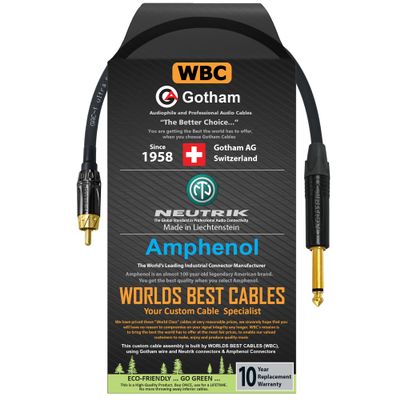 WORLDS BEST CABLES 0.5 Foot TS to RCA Cable Gotham GAC-1 Ultra Pro Low- Capacitance Instrument Cable & Neutrik NP2X-B & Amphenol ACPL-CBK Gold Plugs - Custom Made