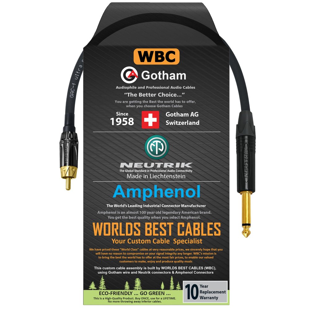 WORLDS BEST CABLES 0.5 Foot  TS to RCA Cable  Gotham GAC-1 Ultra Pro Low- Capacitance Instrument Cable & Neutrik NP2X-B & Amphenol ACPL-CBK Gold Plugs - Custom Made