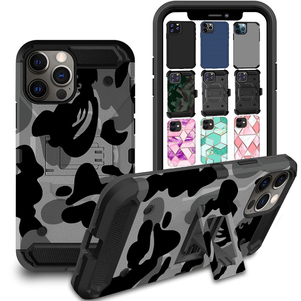 DuraSafe Cases for iPhone 12 iPhone 12 PRO 6.1" 2020 A2172 A2402 A2341 A2406 A2404 A2403 A2408 A2407 Military Printed Rugged Heavy Duty Case with Kickstand - Military Gray(Without Holster)