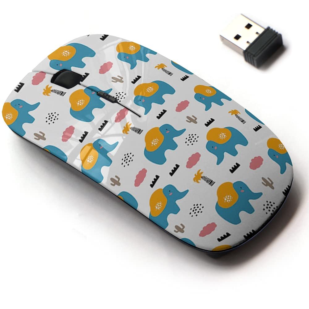 2.4G Wireless Mouse with Cute Pattern Design for All Laptops and Desktops with Nano Receiver - Baby Pattern Elephant Summer