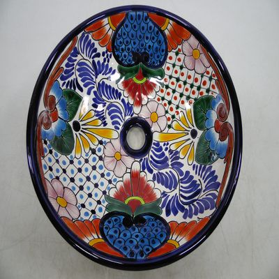 14" round TALAVERA VESSEL SINK Mexican handmade ceramic bathroom basin, folk art