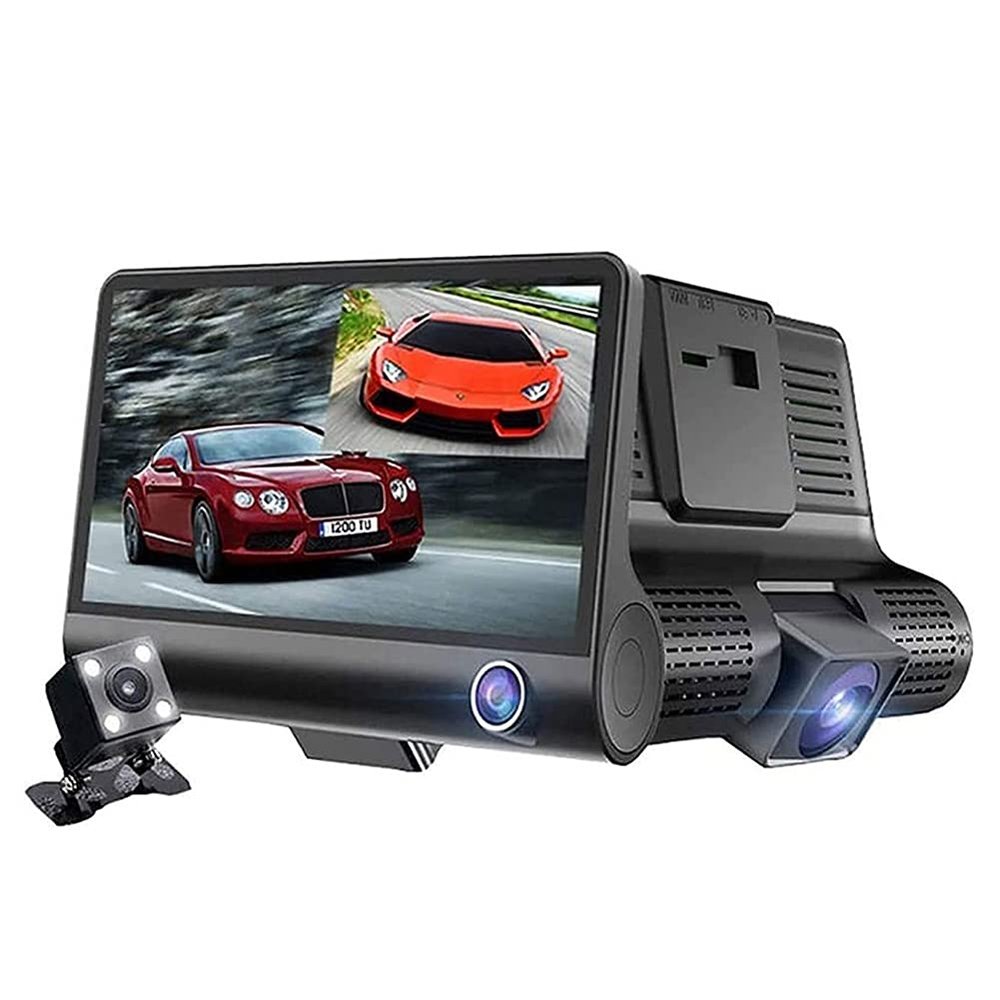 3 Channel Dash Cam, Full HD 960P Front and Rear Inside Three Way Dash Camera for Cars, 4 Inch IPS Screen, 24H Parking Monitor, Motion Detection for Taxi Driver (Black)