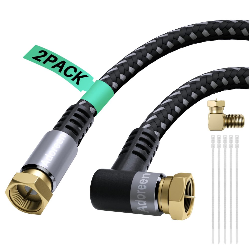 Adoreen Coaxial Cable 20 ft-2 Pack-Right Angle Quad Shielded 90 Degree RG6 Coax Cable Cord, Male F Gold-Plated Nylon-Braided, in-Wall, Digital TV Aerial AV with Angled Male to Female Adapter+15 Ties
