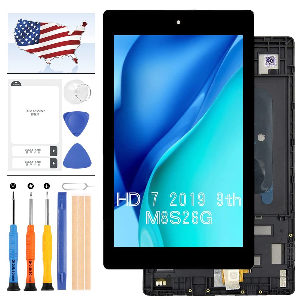 Screen Replacement for Amazon Kindle Fire HD7 HD 7 2019 9th Gen M8S26G LCD Display Touch Matrxi Panel Digitizer Assembly Full Glass with Frame Repair Parts,Including Free Tools
