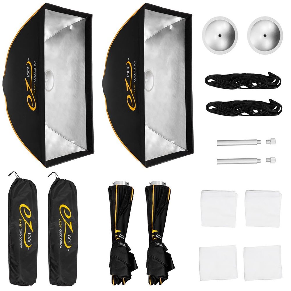 Glow EZ Lock Softbox to Go Kit - Glow EZ Lock 24x36 Quick Strip Rectangular Bowens Mount Softbox Lighting Kit with External and Internal Diffusers, Deflector Disk and Eggcrate Grid, 2-Pack