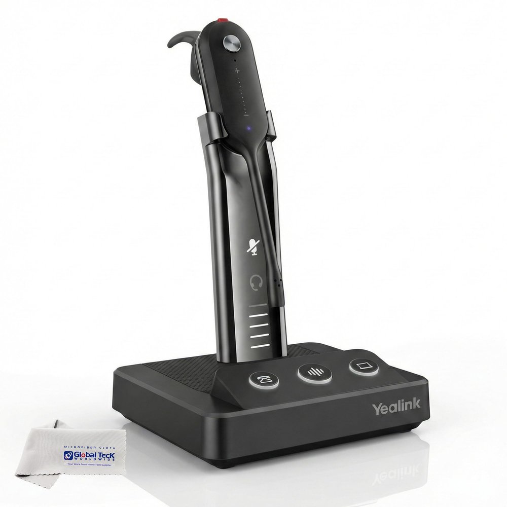 Yealink WH63 Wireless Headset - Seamlessly Switches from Telephone Mode to PC, Noise-Canceling Boom Mic, Charging Stand, Certified for Zoom & Teams, 8 Hours of Talk Time, Global Teck Microfiber