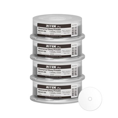 100 Pack Ritek Pro (Professional Grade) BD-R Blu-ray 4X 25GB Watershield Water Resistant Glossy White Inkjet Hub Printable Blank Recordable Disc