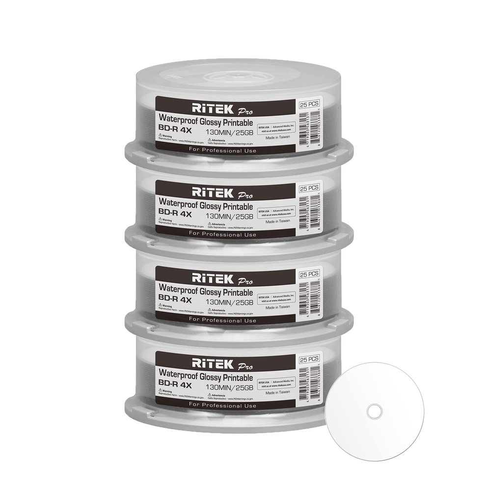 100 Pack Ritek Pro (Professional Grade) BD-R Blu-ray 4X 25GB Watershield Water Resistant Glossy White Inkjet Hub Printable Blank Recordable Disc