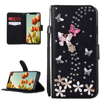 DasKAn for iPod Touch 5/6 / 7 Diamond Flip Case, Bling Rhinestones Butterfly Flowers Design Magnetic Clasp Wallet Stand Protective Phone Cover with Card Slots & Wrist Strap, Black