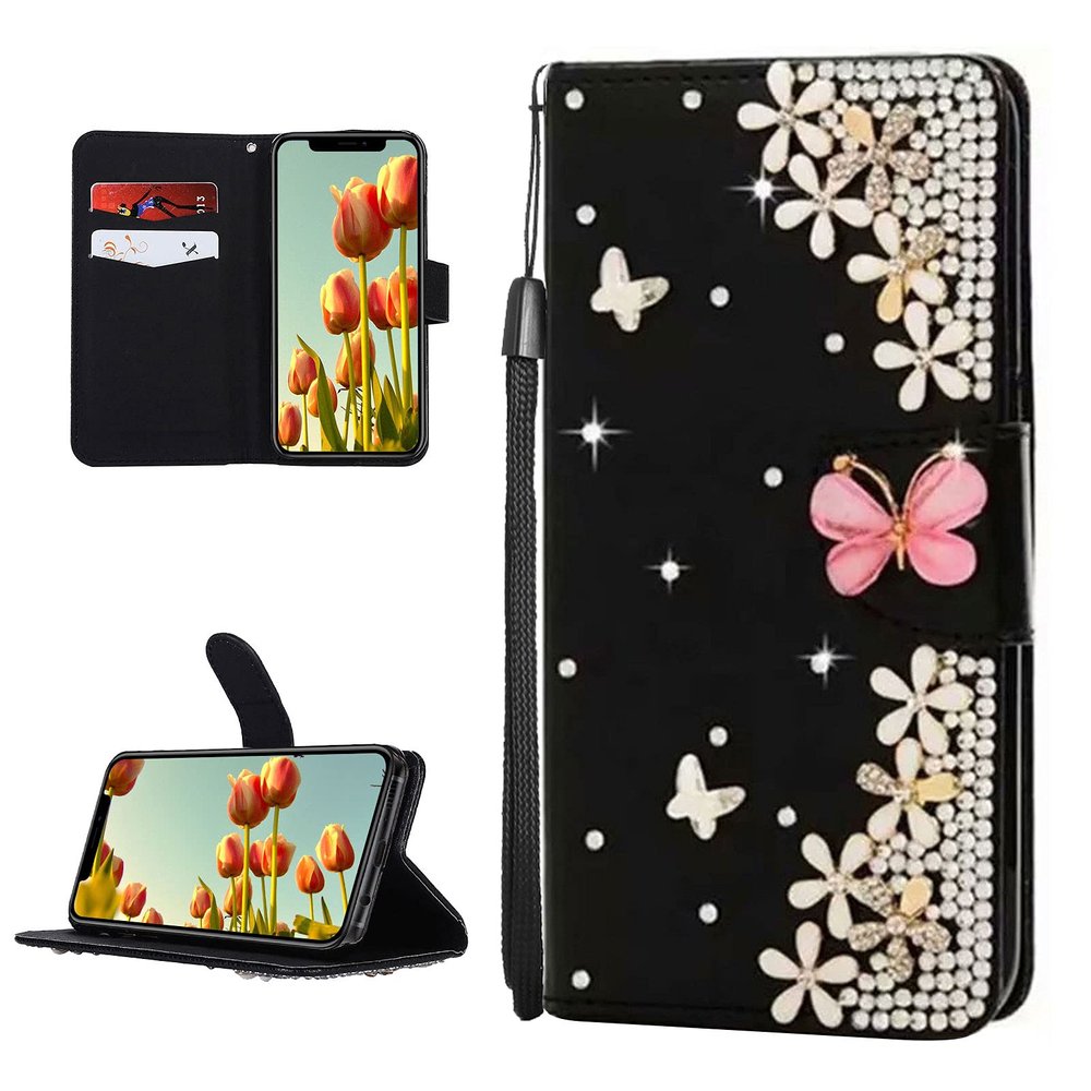 DasKAn for iPod Touch 5/6 / 7 Diamond Flip Case, Bling Rhinestones Pink Butterfly Flowers Design Magnetic Clasp Wallet Stand Protective Phone Cover with Card Slots & Wrist Strap, Black