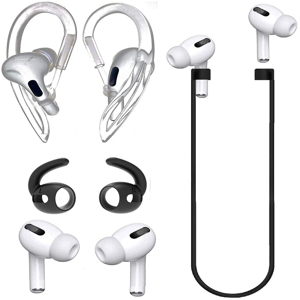 JNSA [Never Lose Your Air Pods Pro] Anti Slip Set, Sport Ear Hook Compatible with Air Pods Pro (Clear)+ Air Pods Pro Earbuds Ear Hooks Cover + Strap Lanyards for Air Pods Pro [3in1],Black