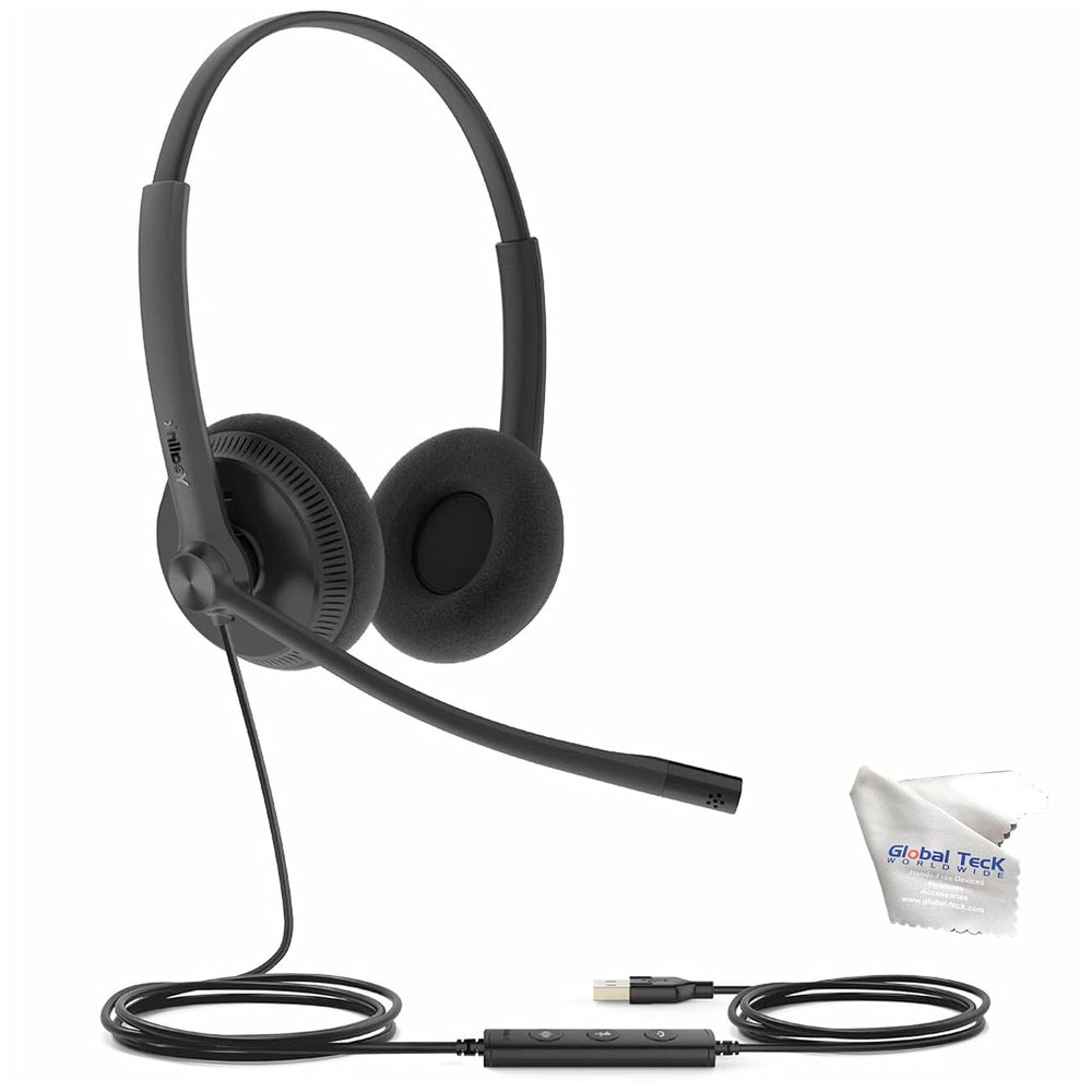 Yealink UH34 Duo UC Lite Wired Headset (USB-C), Connects to Deskphone, PC/Mac, Softphones - Works with Teams, Zoom, RingCentral, 8x8, Vonage, Global Teck Microfiber Included