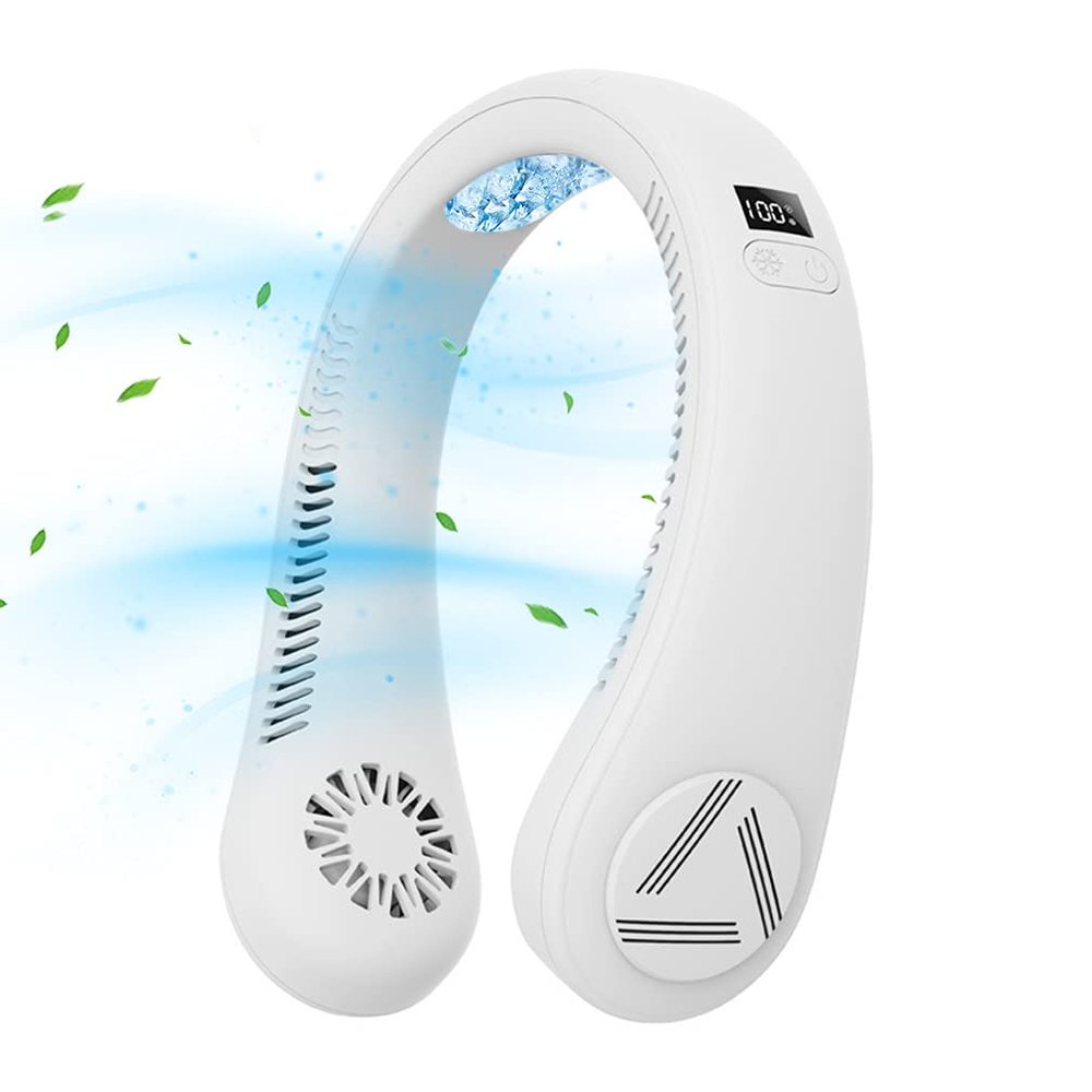 AQUYY Portable Cooling Neckband Fan, USB Bladeless Hanging Neck Fan with Cooling Chip and 3 Speeds, Mini Air Cooler Hands Free for Sport Hiking Running, LED Intelligent Display White Upgrade