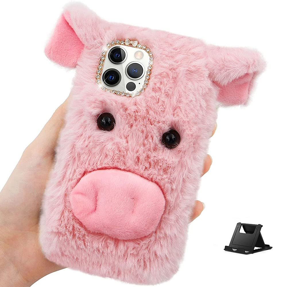 Shinyzone Compatible with OnePlus Nord N200 5G Plush Case 3D Ear Fluffy Piggy Case for Kids Girls Women,Cute Faux Rabbit Fur Furry Warm Fuzzy Shockproof Back Cover