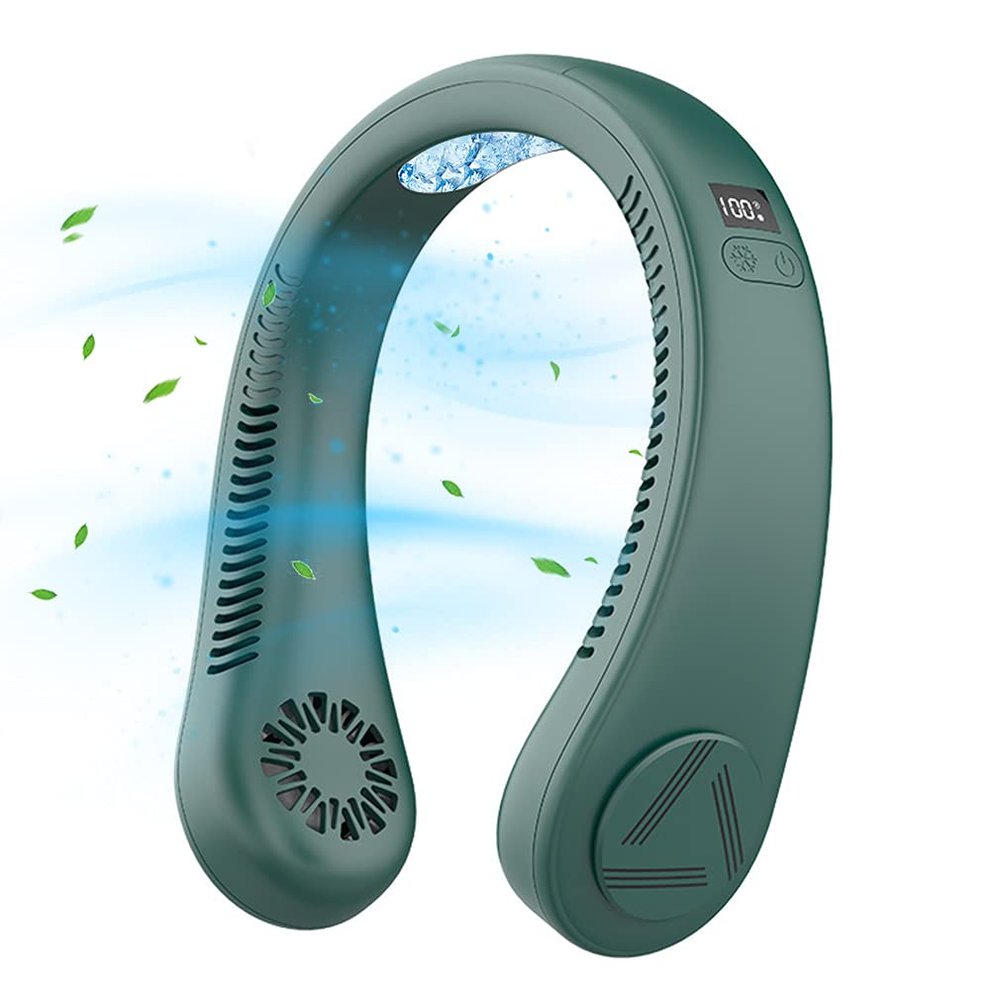 AQUYY Portable Cooling Neckband Fan, USB Bladeless Hanging Neck Fan with Cooling Chip and 3 Speeds, Mini Air Cooler Hands Free for Sport Hiking Running, LED Intelligent Display Green Upgrade
