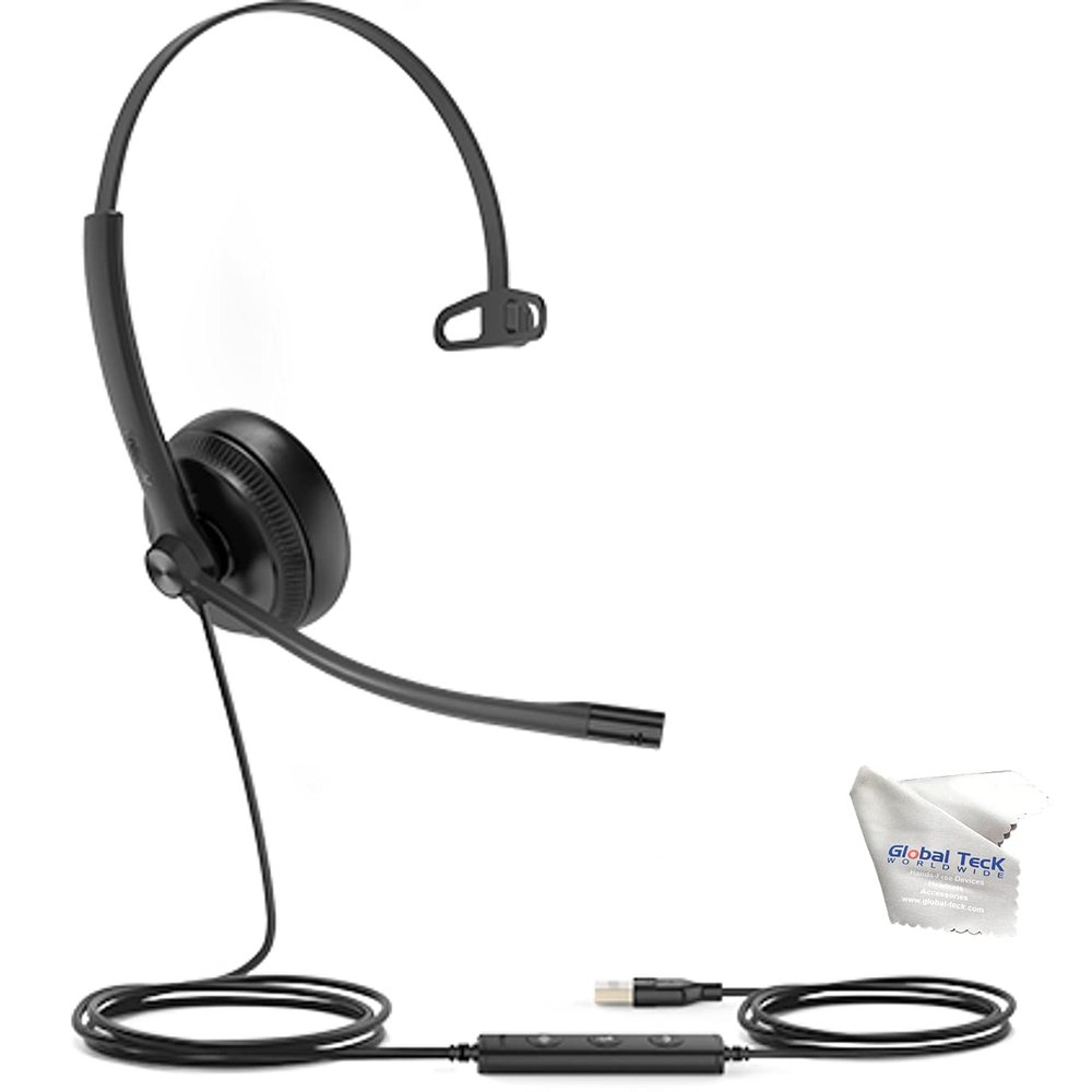 Global Teck Worldwide GTW Yealink UH34 Mono Teams Certified Wired Headset (USB-C), Connects to Deskphone, PC/Mac, Softphones - Works with Teams, Zoom, RingCentral, 8x8, Vonage, Microfiber Included