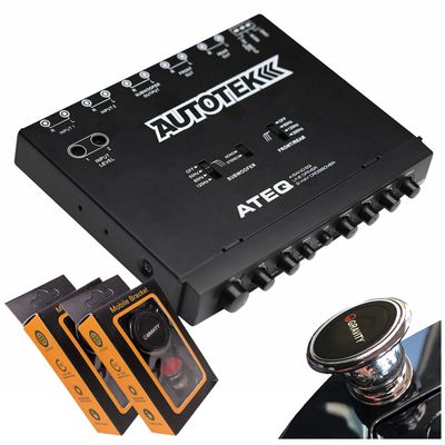 Autotek ATEQ 4-Band Audio Equalizer with Built-in 2-Way Crossover, 1/2 DIN, re-amp EQ with Front/Rear Active Crossover with 2 Gravity Magnet Phone Holder Bundle