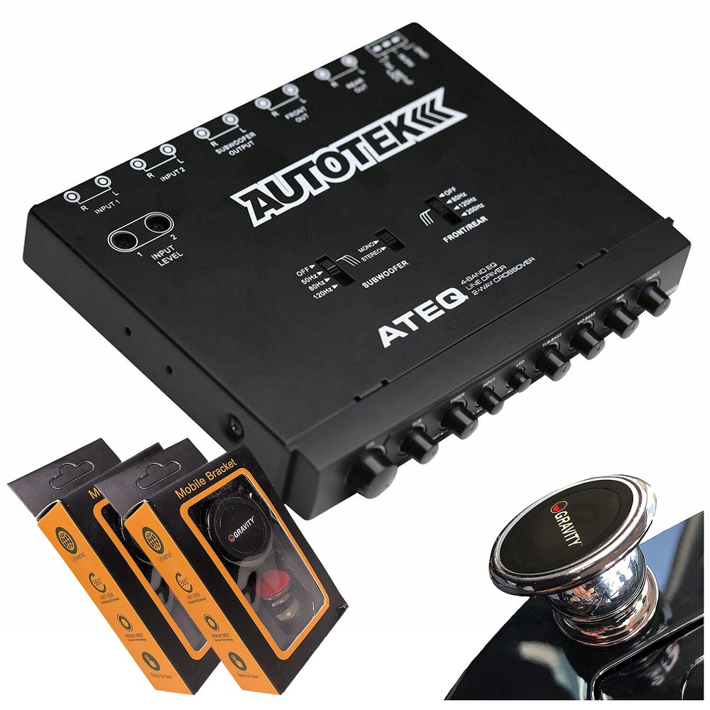 Autotek ATEQ 4-Band Audio Equalizer with Built-in 2-Way Crossover, 1/2 DIN, re-amp EQ with Front/Rear Active Crossover with 2 Gravity Magnet Phone Holder Bundle