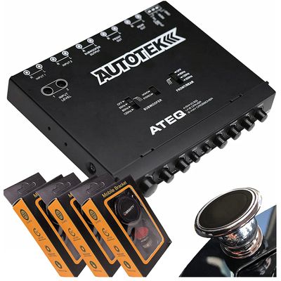Autotek ATEQ 4-Band Audio Equalizer with Built-in 2-Way Crossover, 1/2 DIN, re-amp EQ with Front/Rear Active Crossover with 3 Gravity Magnet Phone Holder Bundle